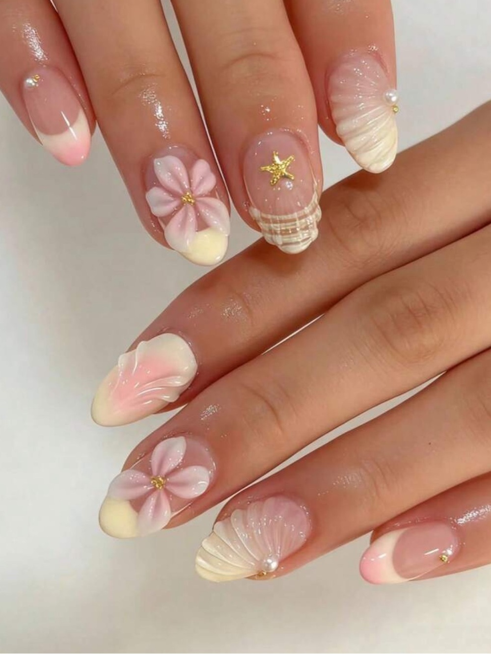 Pink & Yellow Floral Oval Press On Nails